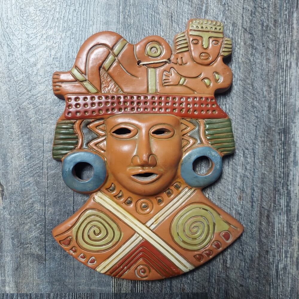 Large Vintage Mexican Red Clay Chacmool Folk Art Mask